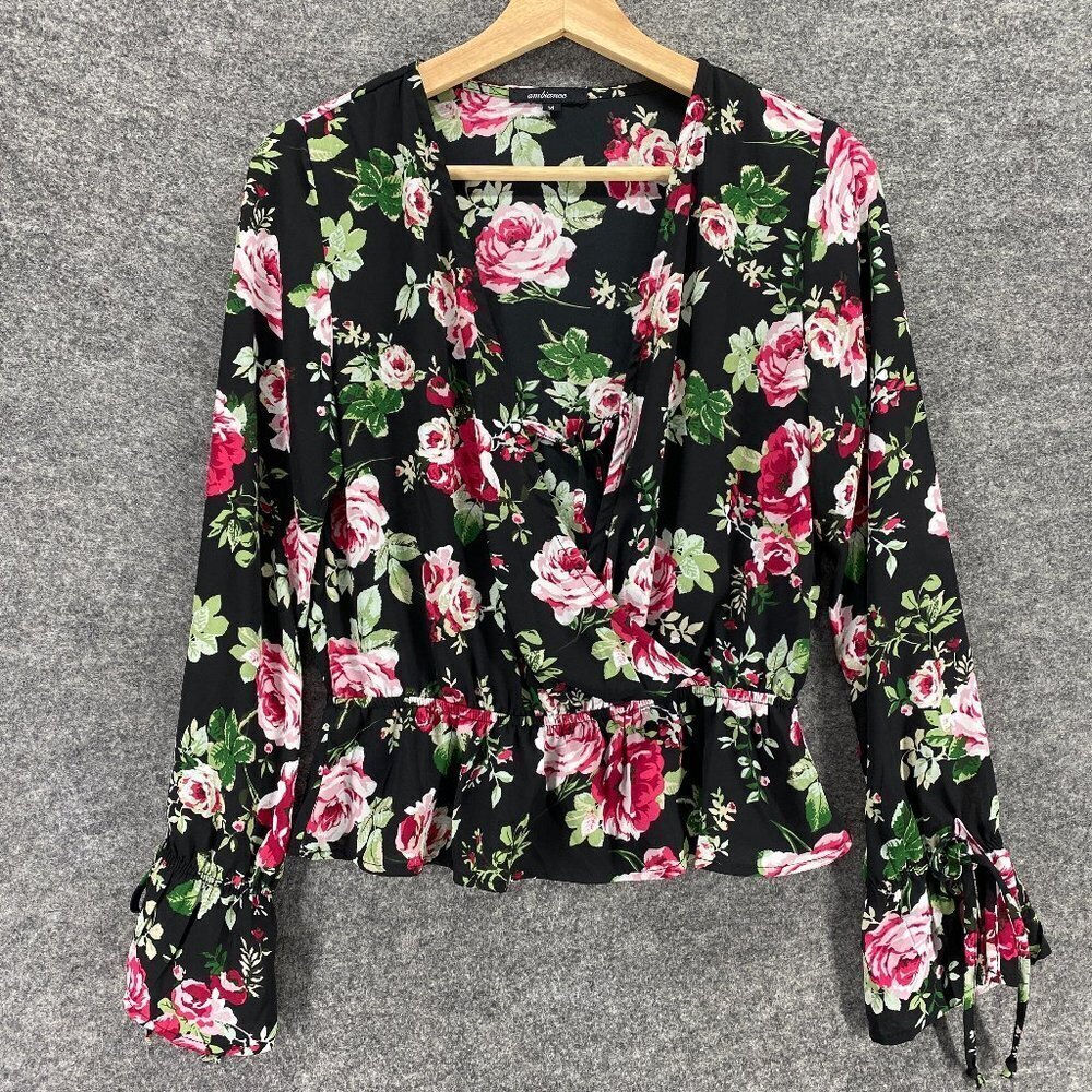 Ambiance Top Women M Medium Black Floral Poet Sleeve Shawal Ruffle Formal